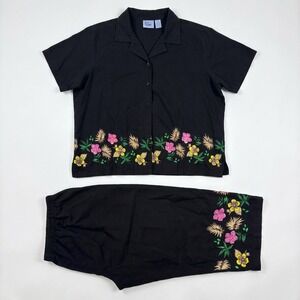 Jane Ashley Woman 1X Black Cotton Floral Sequin Shirt and Cropped Pants Set